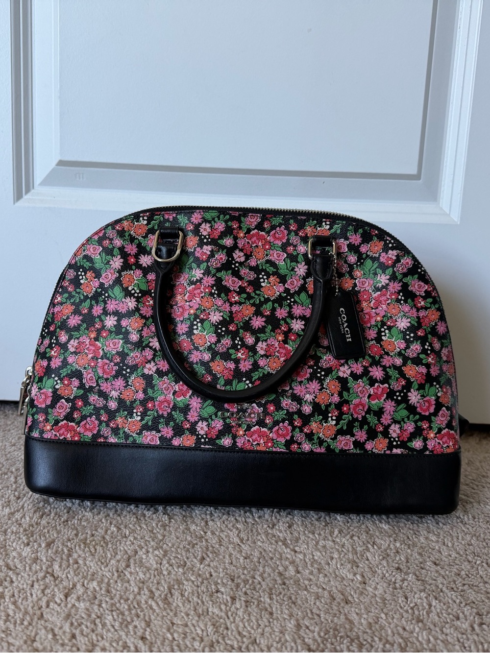 Coach Seira Black Floral Dome Satchel with Pink and Green Accents Handbag